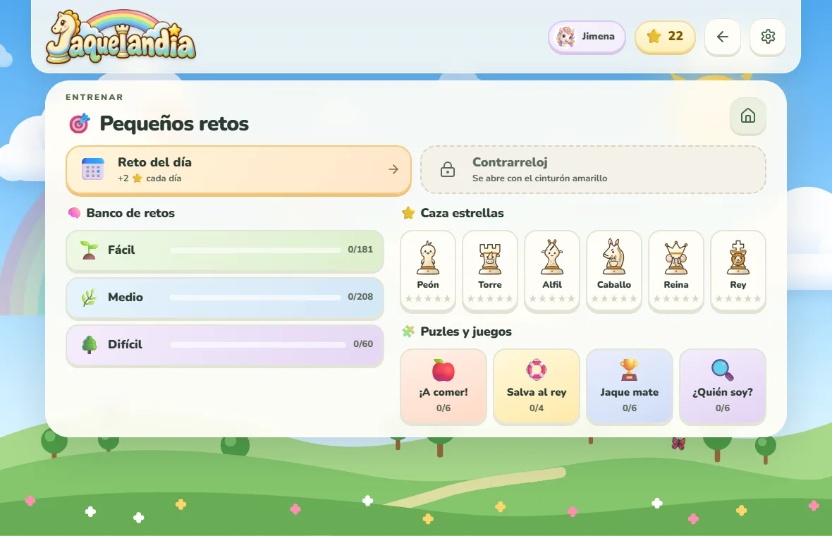 Pantalla de retos y entrenamiento